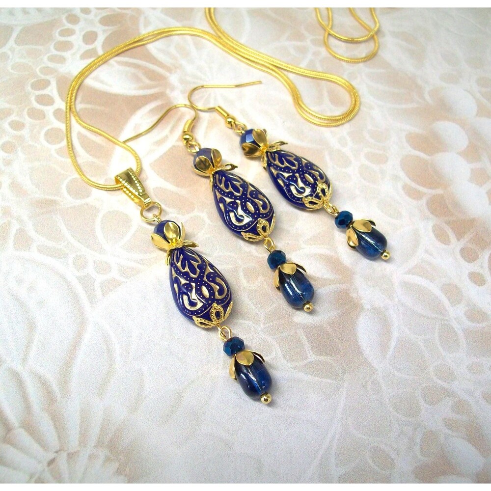 Art Nouveau Jewelry Set, Vintage Style, Gold, Navy Blue, Artisan Crafted Jewelry